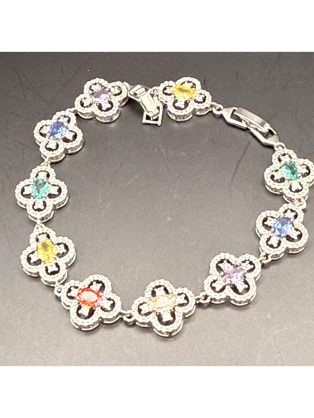 candy+clover elite rainbow crystal clover 18k white gold plated bracelet